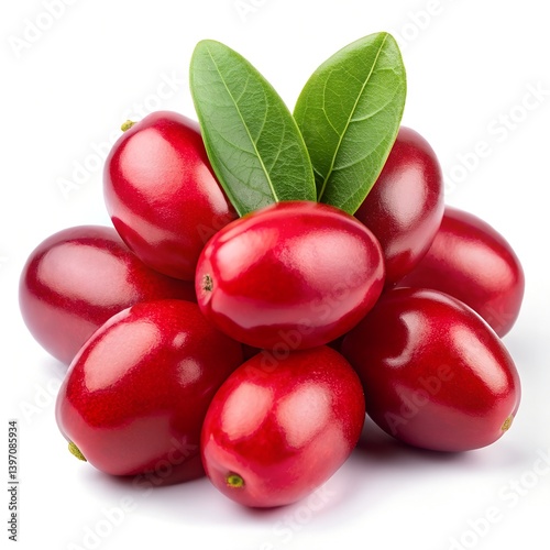 Miracle fruit  small red berries, glossy smooth skin, detailed close-up showing the vibrant red fruit, natural texture, isolated on pure white background