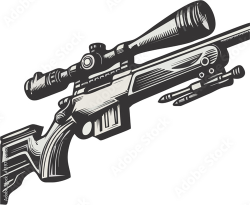 Detailed Illustration Of A Precision Rifle Featuring A Scope Depicted In A Graphic Novel Style