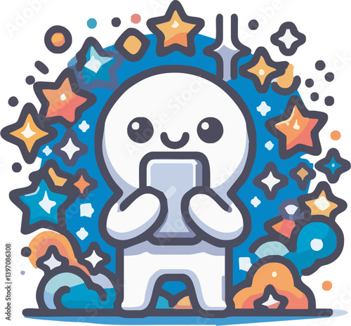 Cute cartoon ghost character, kawaii style, holding smartphone, colorful stars background, blue circular frame, playful doodles, vibrant colors, digital illustration, cheerful expression, rounded shap