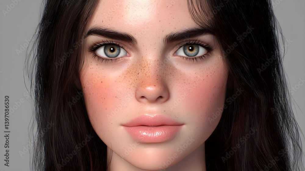 Realistic portrait of a girl with long brown hair and freckles Realistic portrait of a girl with long brown hair and freckles