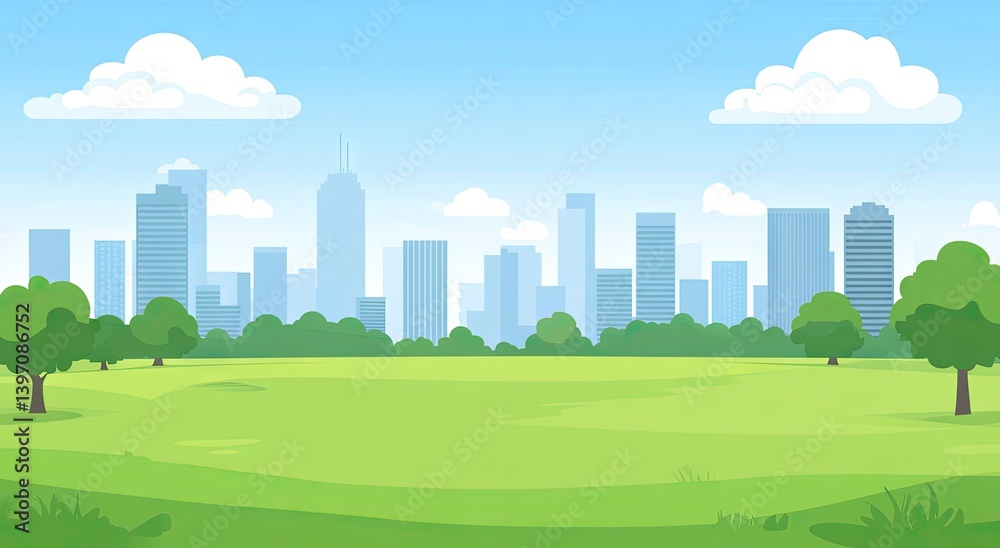 Obraz premium A vibrant park scene with a backdrop of a modern cityscape.