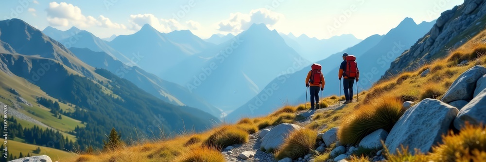 Obraz premium Tiny hikers walking through rocky mountain landscape with backpacks, mountains, hiking, backpacking