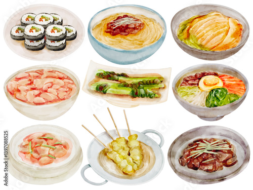 Watercolor Korean Food Clip Art Set Hand Painted Gimbap Japchae Kimchi Tteokbokki Bibimbap Samgyeopsal Jajangmyeon Skewers Asian Traditional Cuisine Illustration