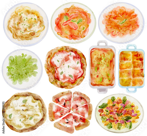Watercolor Italian Food Clip Art Set Hand Painted Pizza Pasta Spaghetti Ravioli Lasagna Penne Macaroni Salad Tomato Cheese Traditional Cuisine Illustration