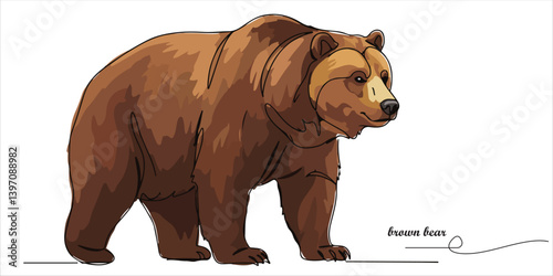 Big brown bear continuous single line art drawing sketch on white background