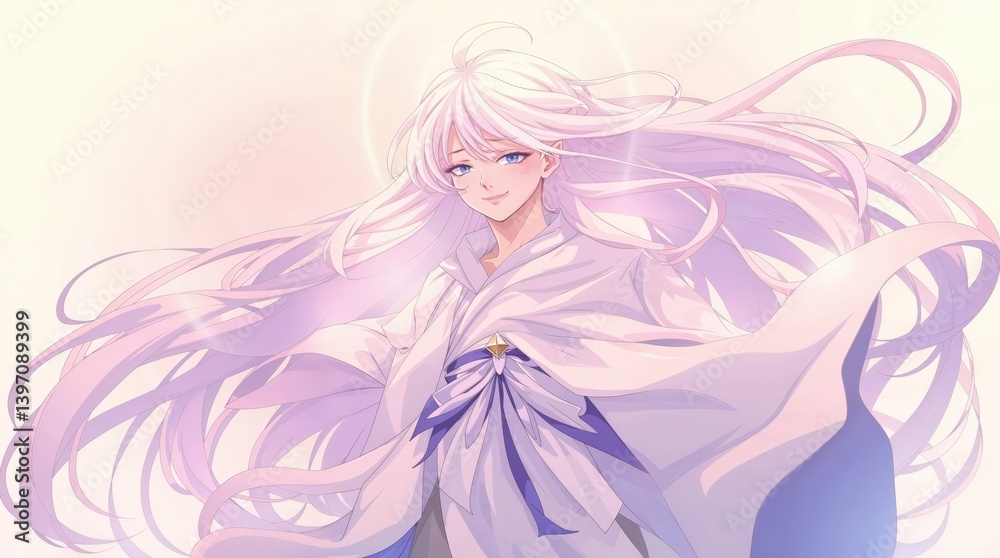 Enchanted Anime Character with Glowing Aura and Floral Elements - Mystical Fantasy Illustration with Elegant Long Hair in Soft Colors Enchanted Anime Character with Glowing Aura and Floral Elements - Mystical Fantasy Illustration with Elegant Long Hair in Soft Colors
