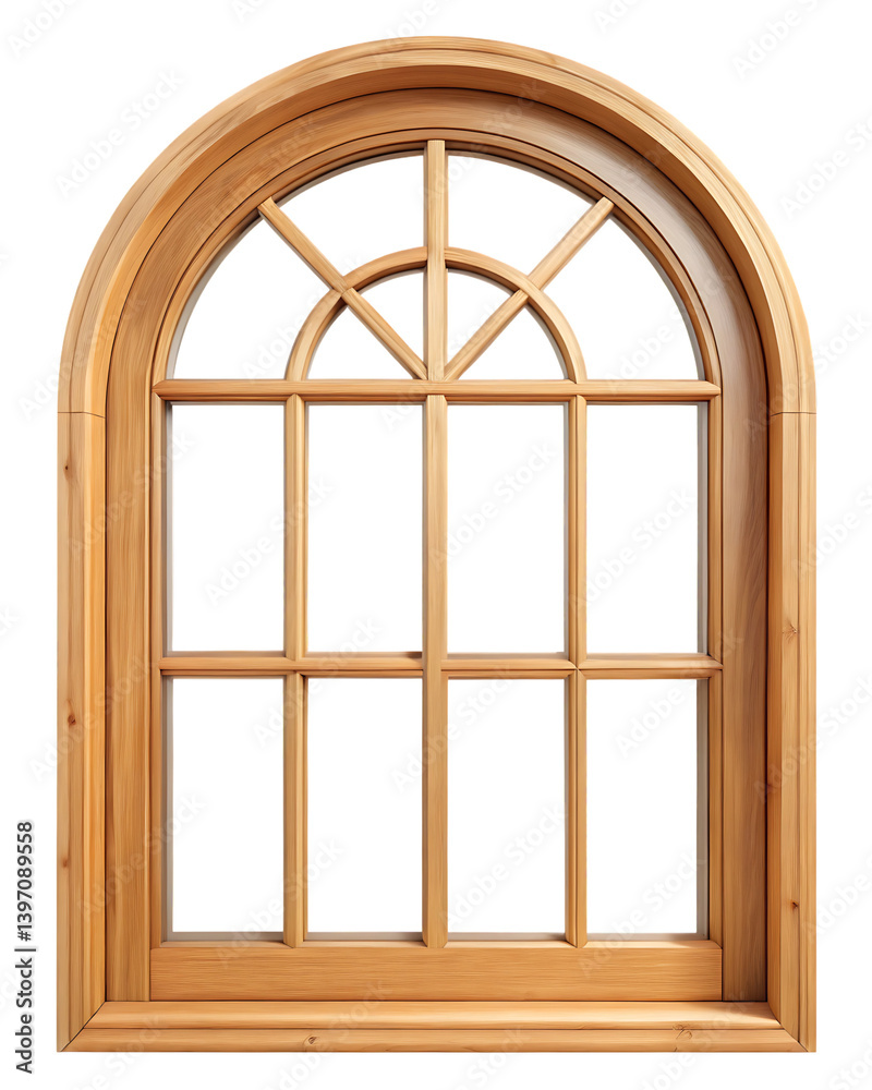 Obraz premium Isolated arched wooden window with divided panes against a black background on transparent background