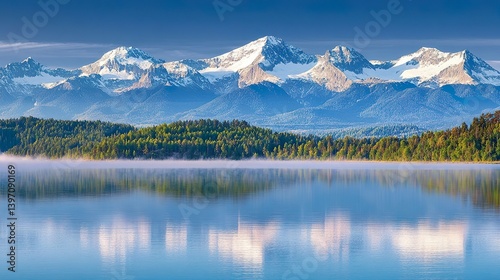Snow-capped mountain range reflected in calm alpine lake