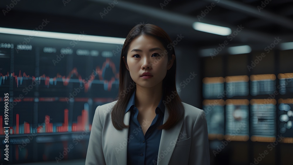 Obraz premium Focused Businesswoman: A focused Asian businesswoman stands confidently in a modern office setting with financial data visualizations in the background, embodying determination and expertise.
