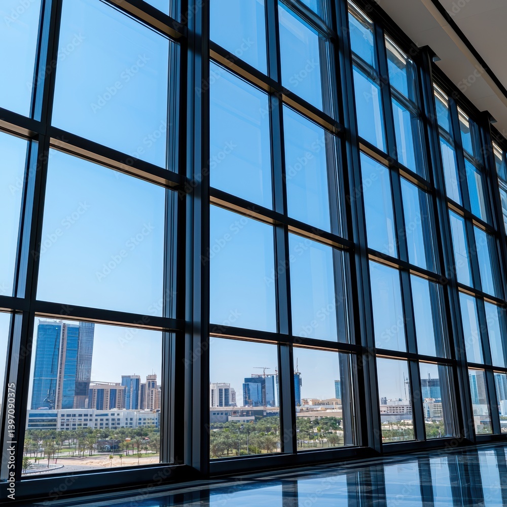 Fototapeta premium Panoramic skyscraper window pattern showcasing vast city reflections, large-scale glass panels, and modern urban structures with an expansive skyline effect., copy space for text