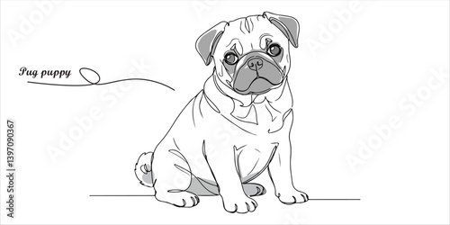 A charming pug puppy sits contentedly, exuding its adorable and playful nature in a heartwarming pose. continuous single line art drawing sketch on white background

