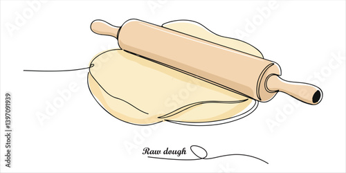A soft piece of raw dough, accompanied by a sturdy rolling pin, is ready to be shaped and prepared for baking or cooking. continuous single line art drawing sketch on white background

