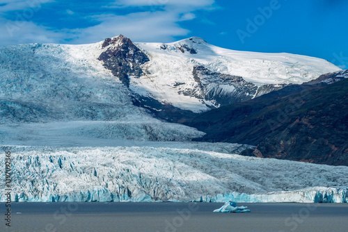 Vatnajokull area glacier Skeidararjokull in Iceland Europe showing cracked ice formations and moraines photo