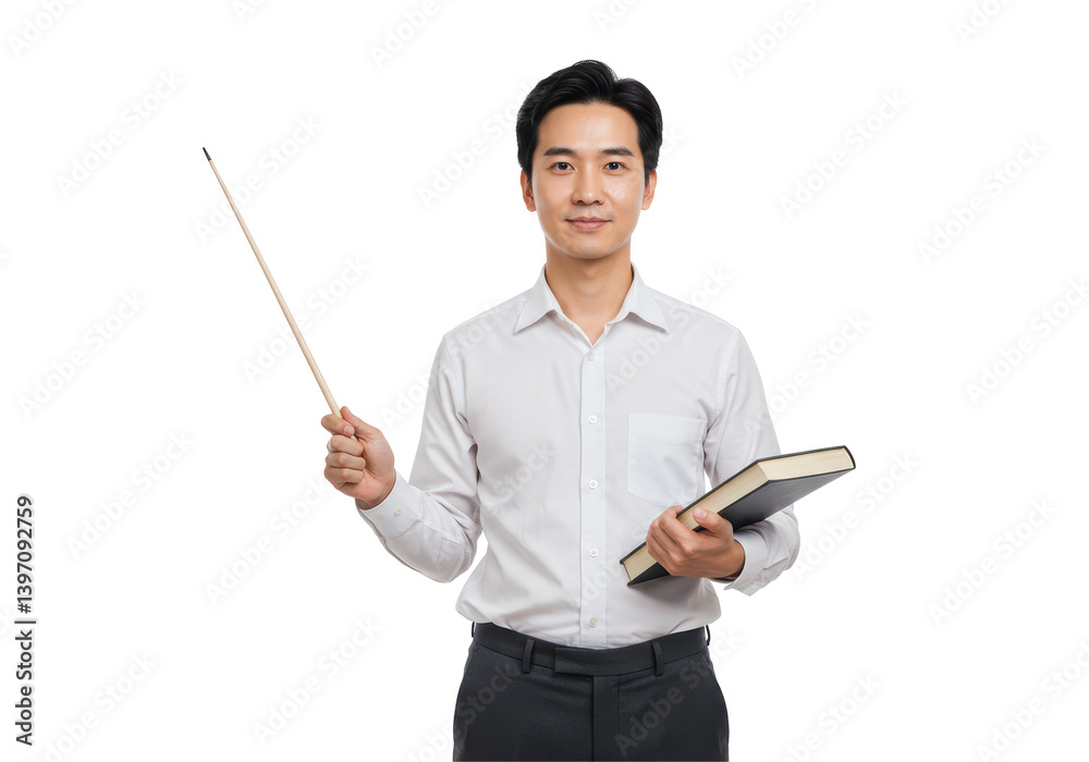 Isolated Asian Man with Pointer and Book Teacher Professor Isolated Asian Man with Pointer and Book Teacher Professor