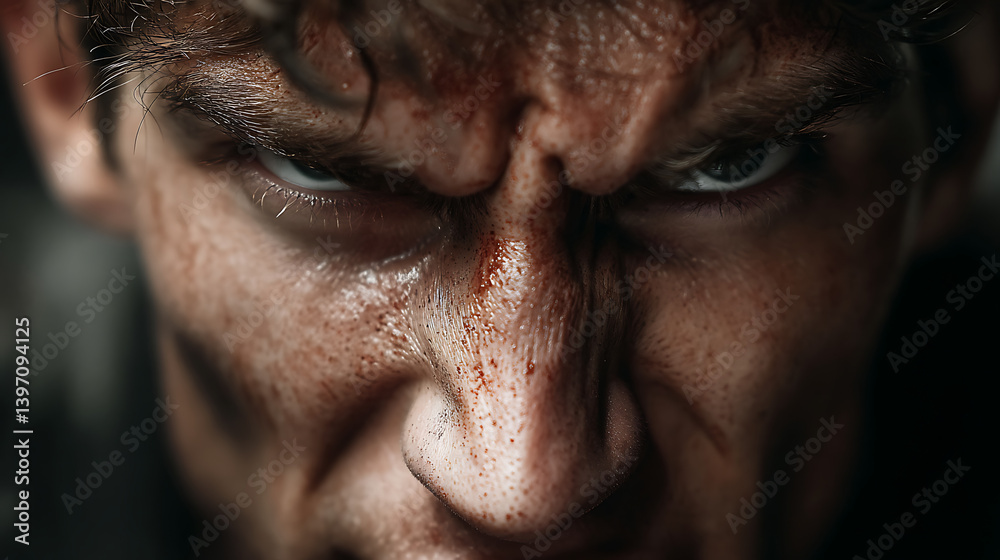 Obraz premium Angry man's emotional portrait close-up male face with intense expression in dramatic lighting