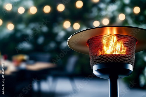 A close-up of a glowing outdoor patio heater with visible flames, creating a warm and cozy ambiance in a blurred background photo