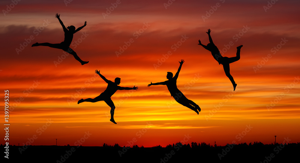 Silhouetted figures soaring against a vibrant sunset Silhouetted figures soaring against a vibrant sunset