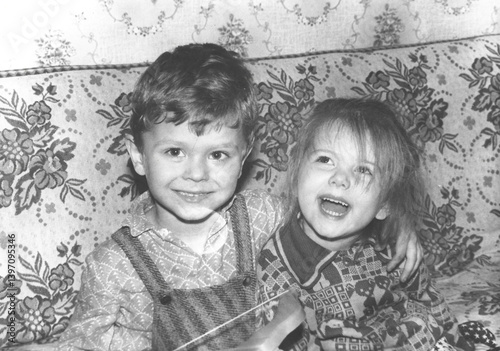 happy kids on a sofa, Odessa USSR 1980s