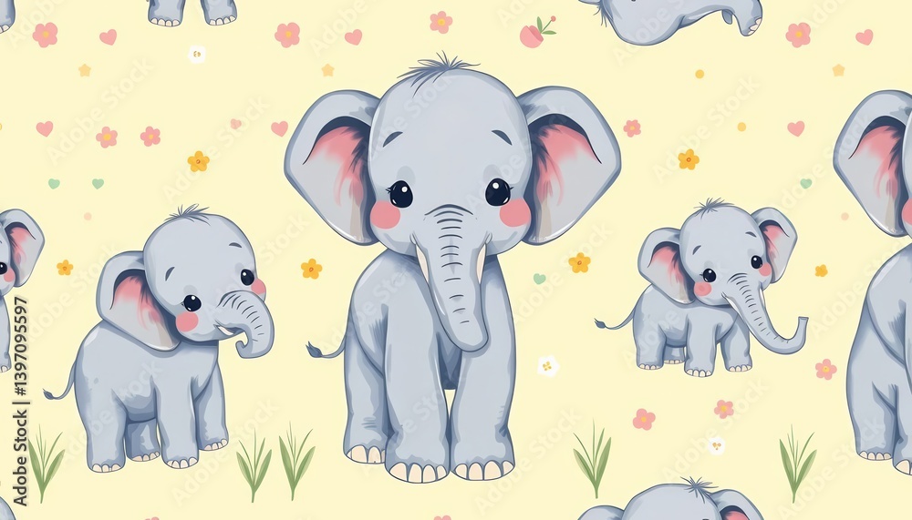 Adorable elephant calf illustration; charming seamless pattern for baby shower card, kids wear, invitation, adorable Adorable elephant calf illustration; charming seamless pattern for baby shower card, kids wear, invitation, adorable