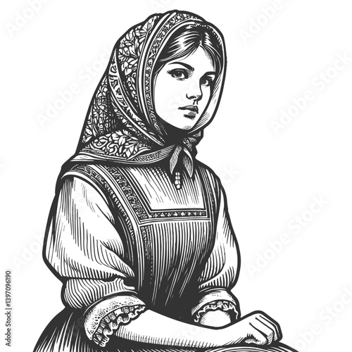 Russian woman in detailed folk costume and headscarve, Slavic heritage and cultural beauty in vintage style sketch engraving generative ai vector illustration. Scratch board. Black and white.