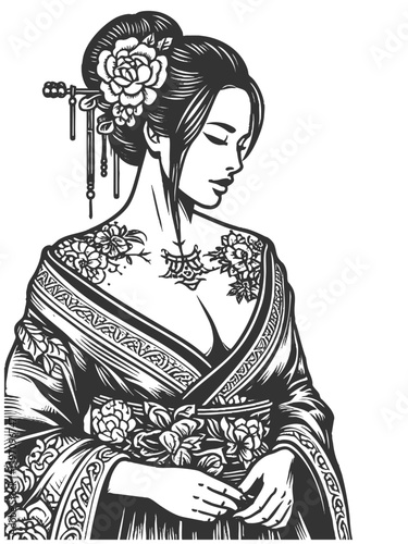 geisha in a floral-patterned kimono, asian woman sketch engraving generative ai fictional character vector illustration. Scratch board imitation. Black and white image.