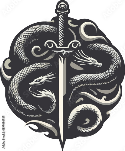 Dark fantasy emblem, intricate serpent design, medieval sword, circular composition, intertwined snakes, monochromatic illustration, etched style, symmetrical layout, mythological symbol, gothic aesth