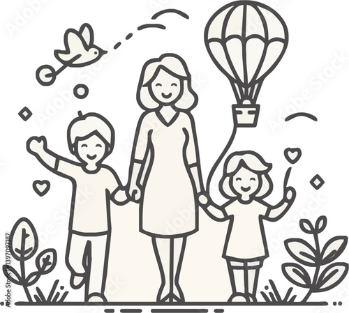 Simple line drawing, family illustration, mother with two children, hot air balloon, flowers, hearts, bees, outdoor scene, minimalist style, black and white sketch, joyful atmosphere, hand-holding, na