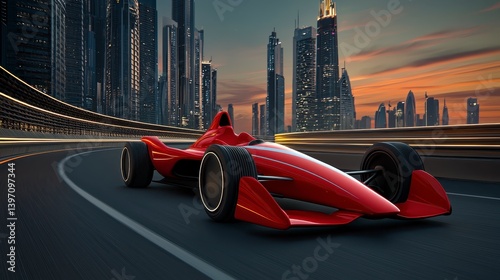 Red Race Car Speeds Through Futuristic City at Sunset