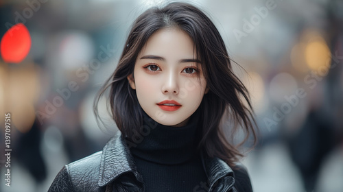 chineese woman model on top posing to camera on the streets 