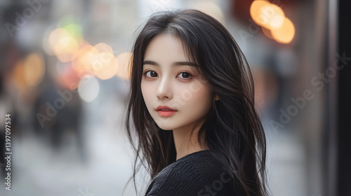 chineese woman model on top posing to camera on the streets 