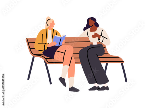 Girls sit on bench, talk, spend time outdoors together. Friends relax in park, communicate and read book. Happy students study with textbook. Flat isolated vector illustration on white background