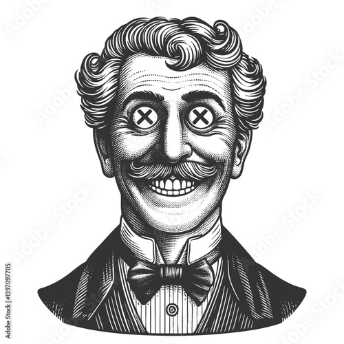 grinning man in formal attire with exaggerated button-like X eyes and unsettling smile sketch engraving generative ai vector illustration. Scratch board imitation. Black and white image.