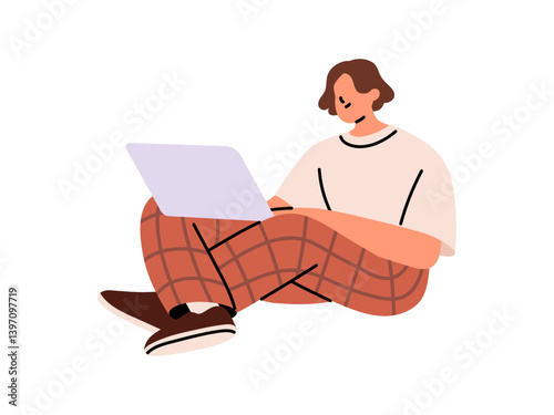 Employee works remotely from home office. Student studies in distance education by laptop. Freelancer writes, communicates online by computer. Flat isolated vector illustration on white background