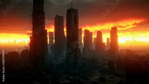 Dramatic Dystopian City Skyline Silhouetted Against a Fiery, Apocalyptic Sunset Sky