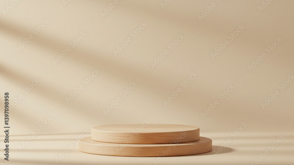 A round wooden display stand for product presentations, placed on a beige surface with shadowing A round wooden display stand for product presentations, placed on a beige surface with shadowing
