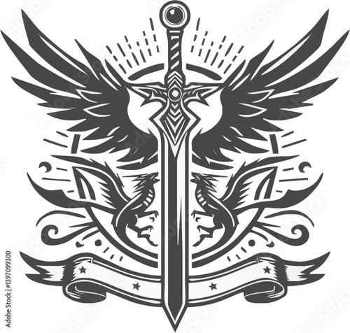 Monochrome emblem, medieval sword with wings, ornate banner, heraldic design, intricate details, symmetrical composition, gothic style, sharp contrasts, military insignia, fantasy crest, powerful symb