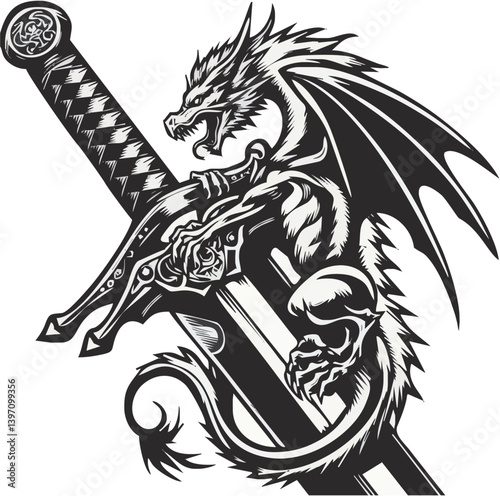 Fantasy dragon tattoo, fierce dragon wrapped around sword, intricate black and white illustration, detailed scales and wings, aggressive dragon pose, medieval weapon design, gothic aesthetic, high con
