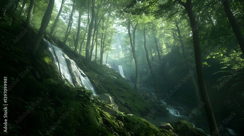 Fototapeta premium Hidden Waterfall Cascading Down Moss-Covered Cliff in Lush Forest