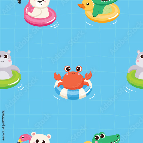 Cute animal swim in floaties seamless pattern