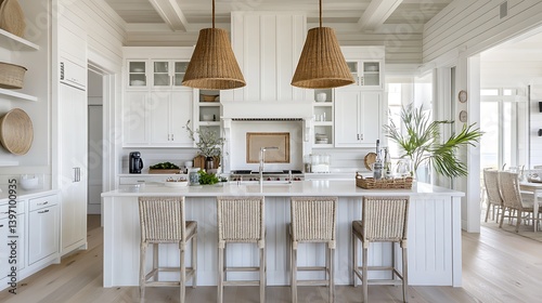 Airy white coastal kitchen featuring woven bar chair seating
