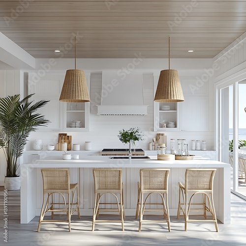 White beach style kitchen with wood accents and windows