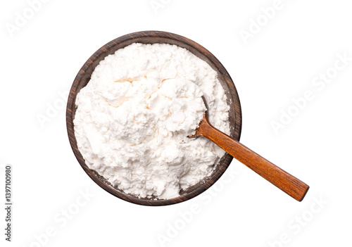 Tapioca starch (potato flour or powder) in wooden bowl with spoon isolated 