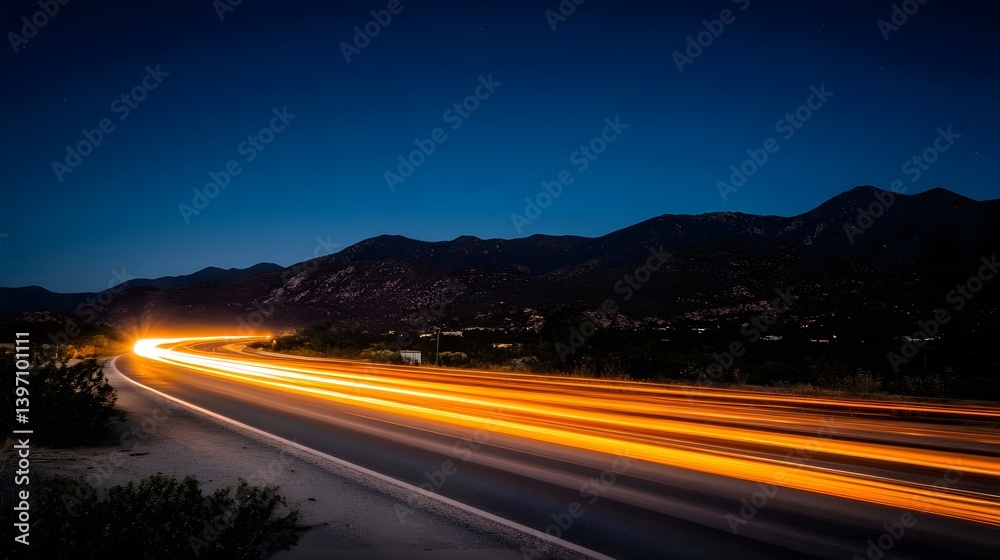 Fototapeta premium Long Exposure of Highway at Night with Mountains in the Background