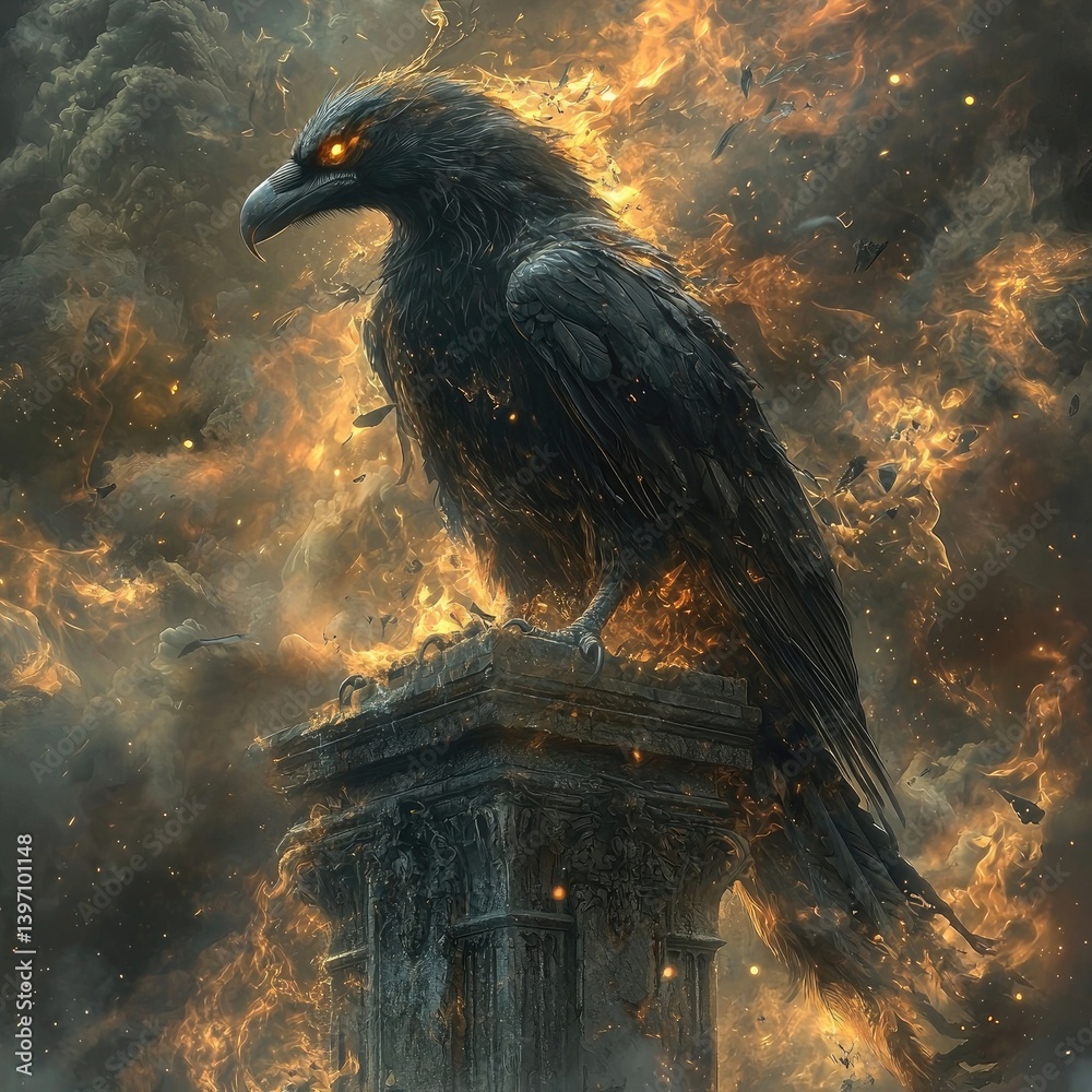 Fototapeta premium Black raven with glowing eyes perched on burning stone pedestal, surrounded by flames and smoke. Generative by AI.