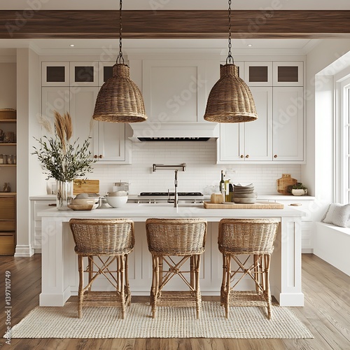 Bright coastal kitchen interior with wicker barstools and island