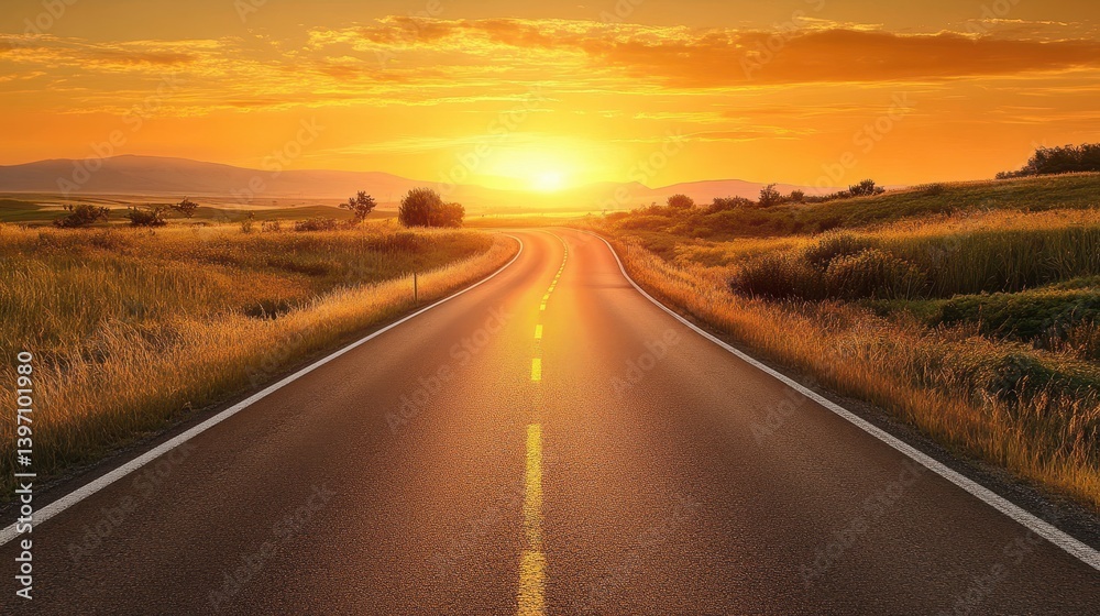 Naklejka premium Golden sunset shines on a winding road through grassy plains. This image evokes travel, adventure, and the open road.