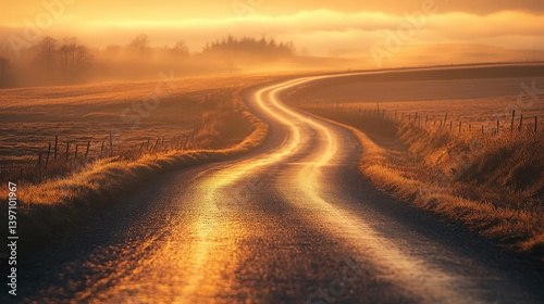 Golden light shines on a winding road through fields at sunrise. Use this photo to represent journeys, paths, and new beginnings.