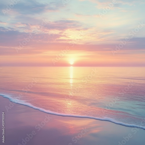 Gentle sunrise illuminating tranquil ocean, soft pastel hues reflecting