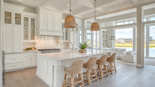 Minimalist beach kitchen interior with island and sunlight