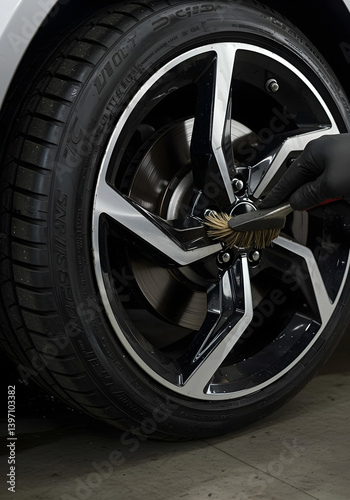 Close-up of car rim being cleaned with detailing brush